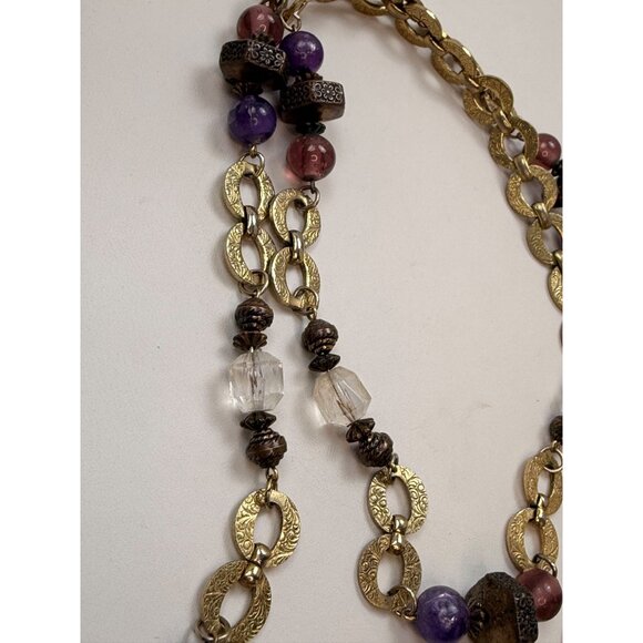 Vintage-Inspired Long Gold Chain Necklace With Purple & Burgundy Beads Textured - Picture 3 of 8